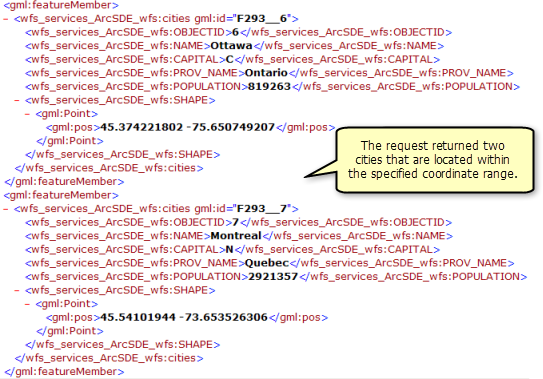 Cities within the specified coordinate range returned by the filtered GetFeature operation