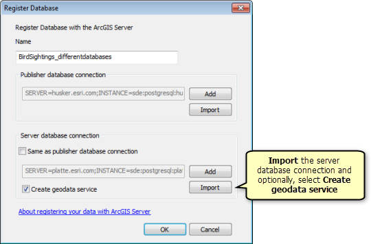 On the Register Database window, import the server database connection and optionally select Create geodata service