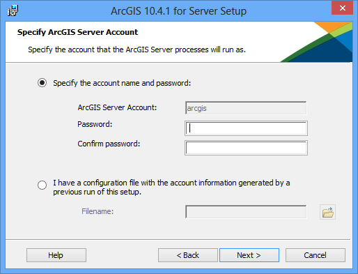 Specify ArcGIS Server Account dialog box