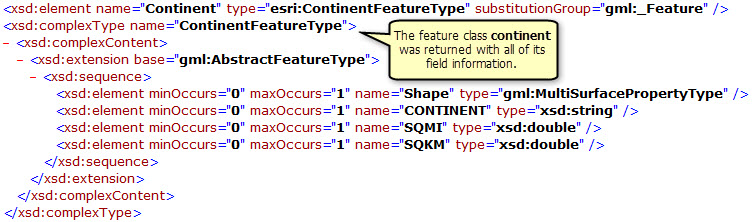 Continent feature class and its field information returned by the filtered DescribeFeatureType operation