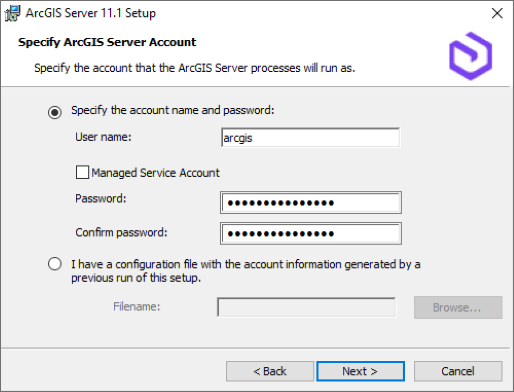 Specify the ArcGIS Server account.