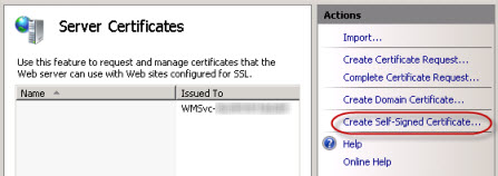 Create Self-Signed Certificate link in IIS Manager