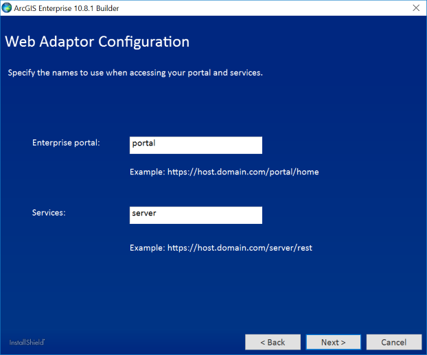 Proporcione nombres únicos de Web Adaptor o acepte los predeterminados.