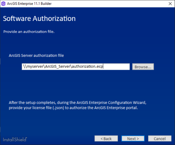 Proporcione la ubicación del archivo de autorización de ArcGIS Server.