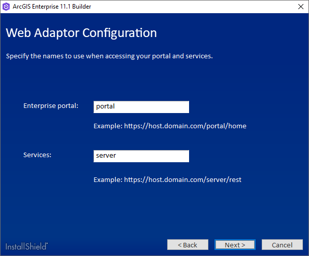 Proporcione nombres únicos de Web Adaptor o acepte los predeterminados.