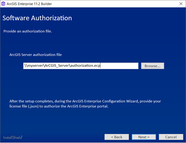 Proporcione la ubicación del archivo de autorización de ArcGIS Server.