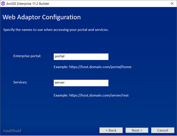 Proporcione nombres únicos de Web Adaptor o acepte los predeterminados.