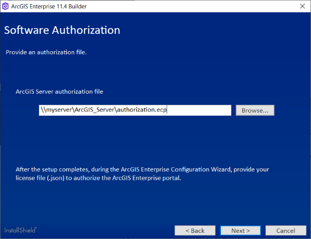 Proporcione la ubicación del archivo de autorización de ArcGIS Server.