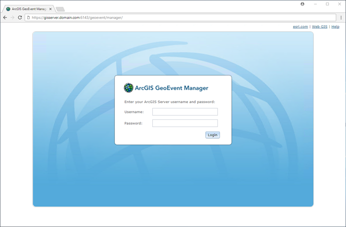 ArcGIS GeoEvent Manager log in page.