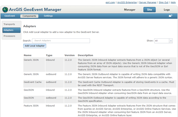 List of available adapters deployed with GeoEvent Server