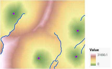 Mapa de distancia de coste acumulativo con un factor vertical agregado Mapa de distancia de coste acumulativo con un factor vertical agregado
