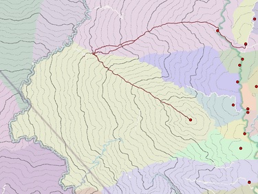 Mapa de rutas con el mismo coste que empiezan en el mismo destino, pero viajan a diferentes orígenes