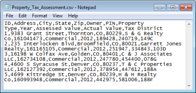 Archivo CSV que contiene la información de dirección para cada propiedad
