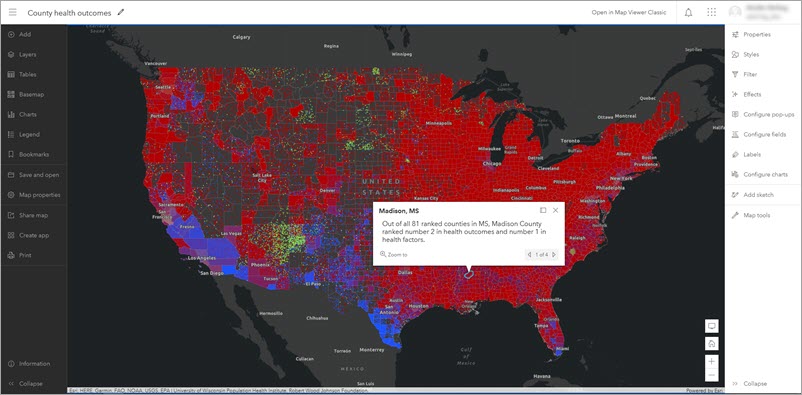 Mapa de resultados de la salud de los condados en el nuevo Map Viewer con las barras de herramientas Contenido y Configuración mostradas