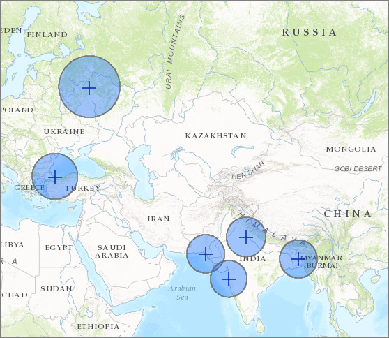 Zonas de influencia de 300 kilómetros mostradas en diferentes partes del mundo