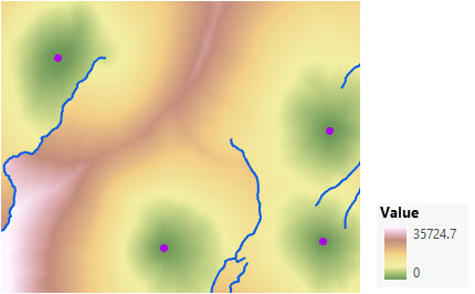 Mapa de coste-distancia acumulado desde cuatro estaciones de guardabosques creadas al agregar una superficie de coste