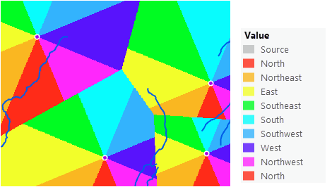 Mapa de dirección en línea recta desde cuatro estaciones de guardaparques