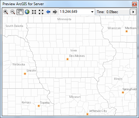 Vista previa de un servicio de mapas en la ventana Vista previa de ArcGIS for Server