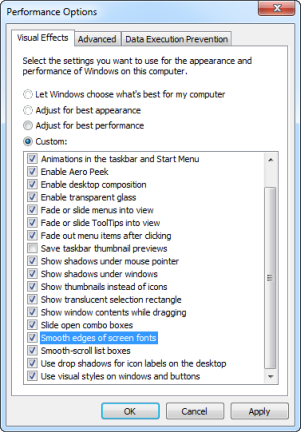 El cuadro de diálogo Opciones de rendimiento de Windows, donde las propiedades del suavizado de fuentes se puede cambiar