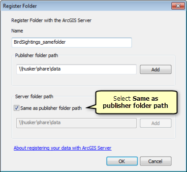 En la ventana Registrar carpeta, seleccione Igual que la ruta de carpeta del publicador.
