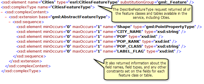 Clases de entidad, información del campo y tablas devueltas en la operación DescribeFeatureType