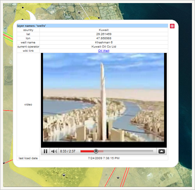 Respuesta GetFeatureInfo con un vídeo integrado en una aplicación de mapa Web OpenLayers