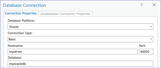 Conexión a una base de datos Oracle mediante el uso de información de Easy Connect correspondiente a un servidor llamado myserver y un servicio denominado myoracledb por medio de un puerto no predeterminado de 60000