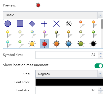 Editor del símbolo de punto de imagen con Mostrar medición de ubicación activado