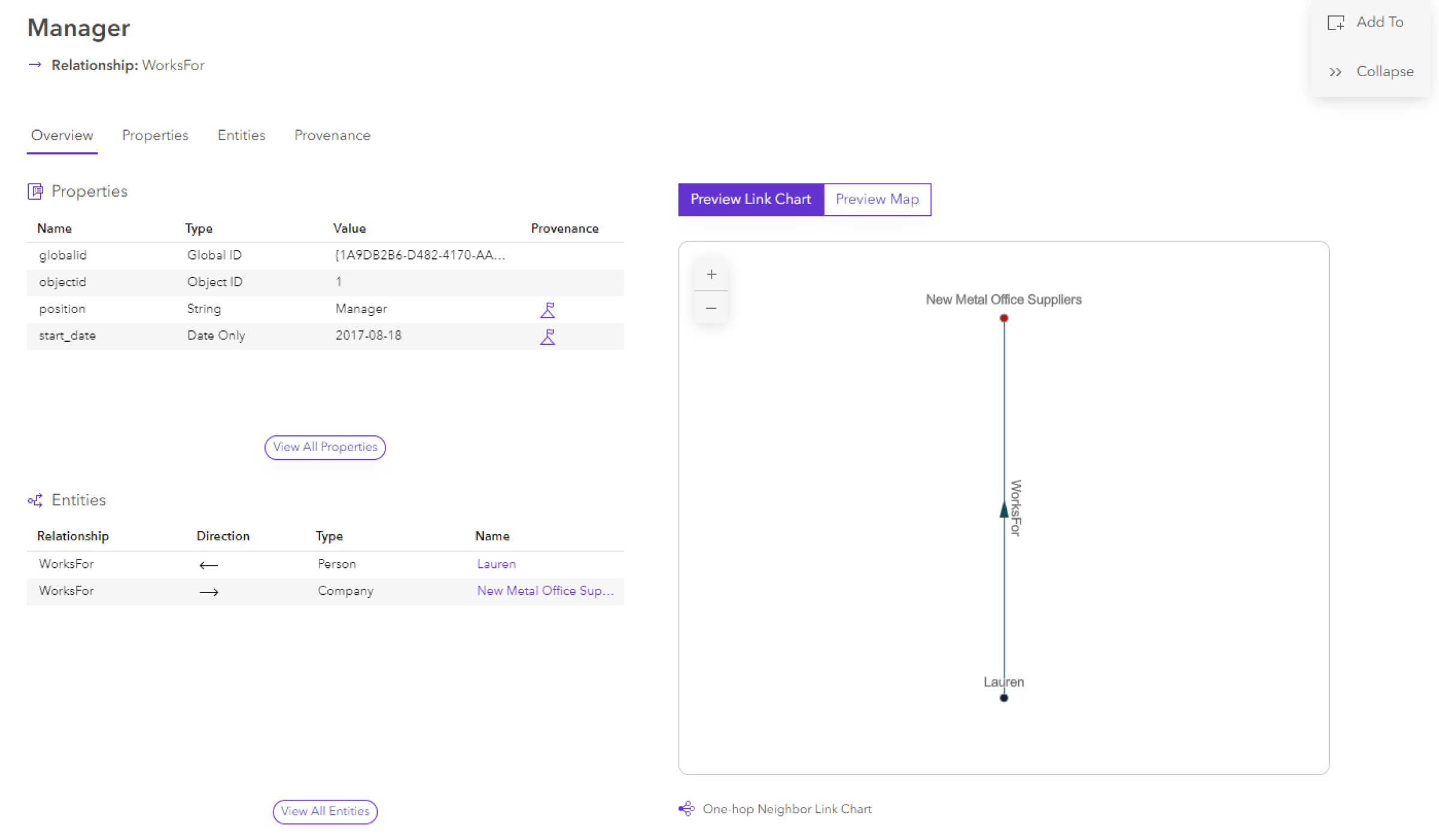 Onglet Overview (Vue d’ensemble) d’une fiche de données de relation Onglet Overview (Vue d’ensemble) d’une fiche de données de relation
