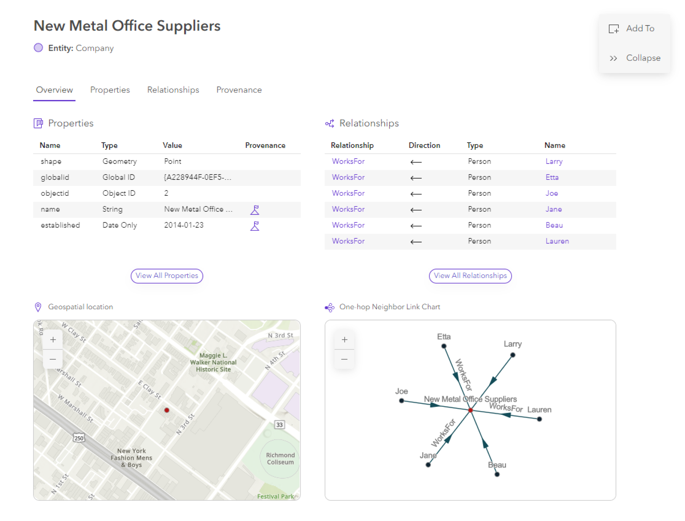 Contenu d’une entité sélectionnée dans l’onglet Overview (Vue d’ensemble) de la vue de graphe de connaissances