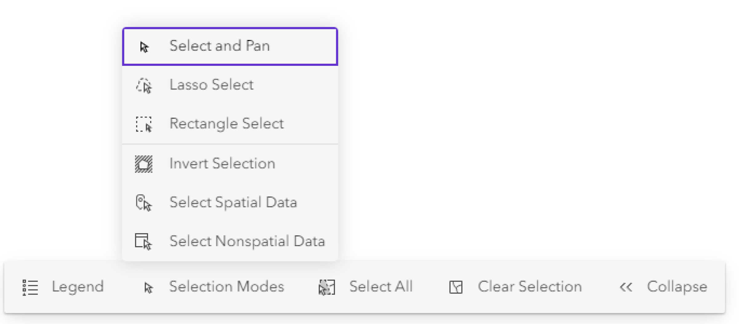 La barre d’outils de la zone d’affichage contient les options de la légende et des outils de sélection.