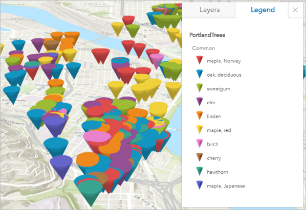 Scène et légende avec des cônes 3D représentant des types d’arbres