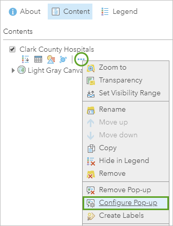 Configure Pop-up (Configurer les fenêtres contextuelles) sélectionné dans le menu More Options (More Options) pour la couche