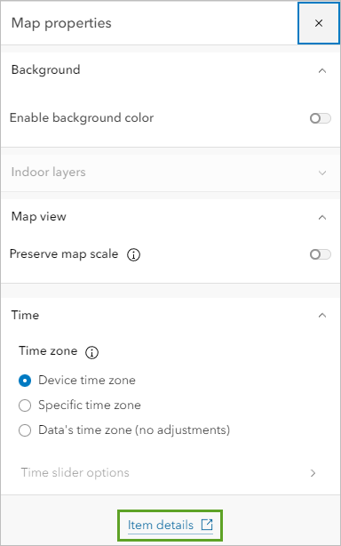 Lien Item details (Détails de l’élément) dans la fenêtre Map properties (Propriétés de la carte)