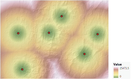 Carte d’une distance en ligne droite à partir de six points