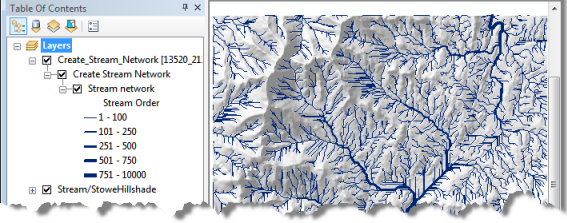 ArcMap après l'exécution de la tâche Créer un réseau hydrographique