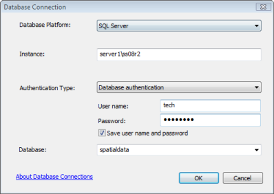 Exemple de connexion à une base de données sur une instance nommée de SQL Server à l'aide de l'authentification de la base de données
