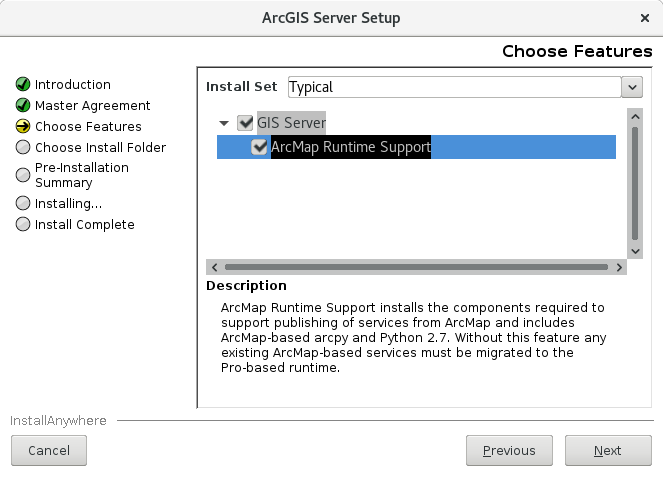 Activez ou désactivez le composant ArcMap Runtime Support de la boîte de dialogue Choose Features (Choisir les composants).