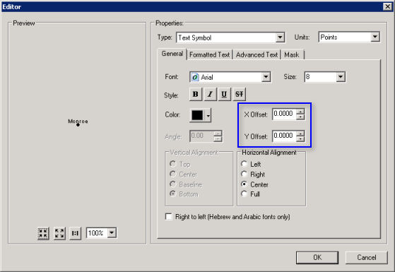 Paramètres de décalage X et Y dans ArcMap