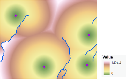 La mappa della distanza in linea retta viene adattata per spostarsi intorno ai corsi d'acqua che costituiscono delle barriere.