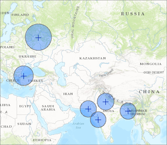 Buffer di circa 500 km visualizzati in diverse parti del mondo