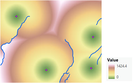 La mappa della distanza in linea retta viene adattata per spostarsi intorno ai corsi d'acqua che costituiscono delle barriere. La mappa della distanza in linea retta viene adattata per spostarsi intorno ai corsi d'acqua che costituiscono delle barriere.