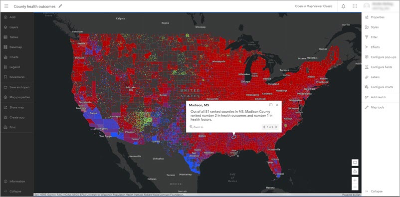 Mappa dei risultati sanitari della contea nel nuovo Map Viewer con le barre degli strumenti Contenuti e impostazioni visualizzate Mappa dei risultati sanitari della contea nel nuovo Map Viewer con le barre degli strumenti Contenuti e impostazioni visualizzate