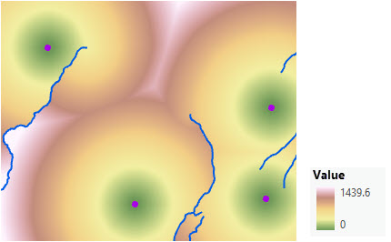 Mappa di una distanza in linea retta da quattro stazioni forestali che include barriere e distanza di superficie