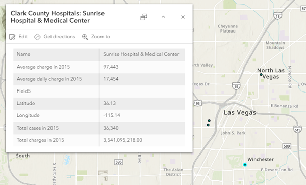 Popup con informazioni relative al Sunrise Hospital & Medical Center