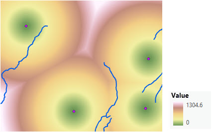 Mappa della distanza in linea retta da quattro stazioni dei ranger