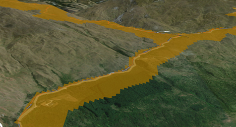 Strada con un buffer in discesa di 50 metri intorno