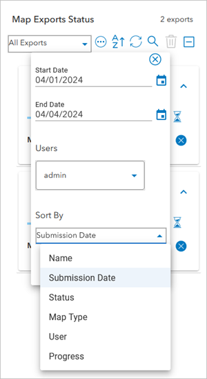 Sort By options in the Map Exports Status pane