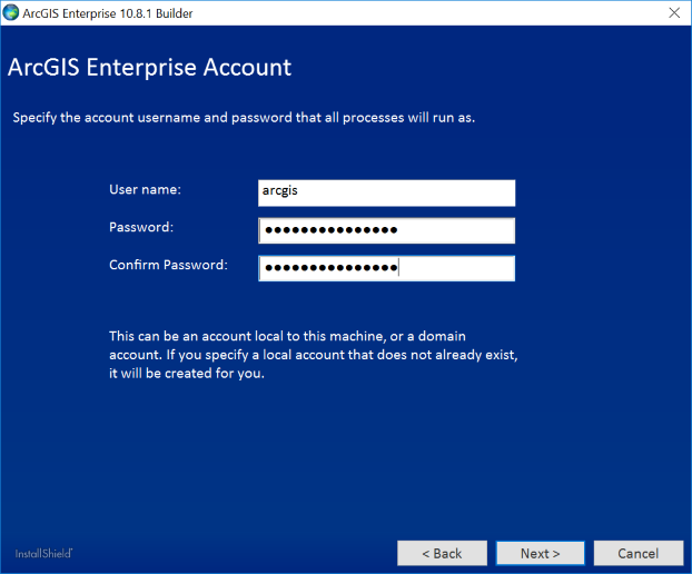 すべてのプロセスの実行で使用されるアカウントのユーザー名とパスワードを指定します。