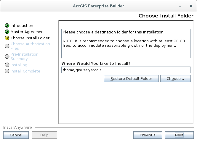 ArcGIS Enterprise Builder コンポーネントをインストールするには、インストール フォルダーを指定する必要があります。